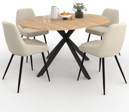 IDMarket - Set ausziehbarer runder Esstisch ALIX aus Holz und Schwarz 110-150 cm und 4 Stühle THALYA Samt beige