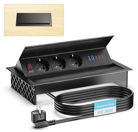 Pindus Sänkbart uttag med USB-C PD 30 W, 3-fack, aluminium, svart | 4 USB-portar, 2 x USB-A QC 18 W, justerbar vinkel, kabeldragning, 1,8 m kabel, skrivbord och kök