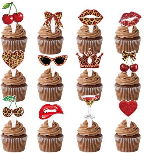 Tazuxetuqe 48 Stück Leopardenmuster Kirsch Cupcake Topper Geparden Geburtstag Deko Leoparden Schleife Cocktail Rote Lippen Motiv Cupcake Spieße Geburtstag Baby Und
