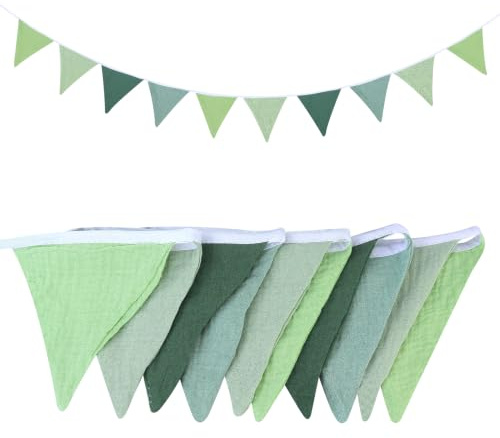 Guirnalda de banderines de tela de 2,6 m, doble cara, verde, resistente a la intemperie, guirnalda de banderines de tela, colorido triángulo bandera para jardín, fiesta de té, boda