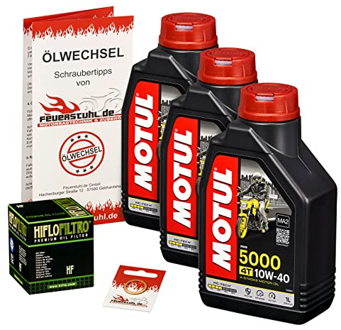 Motul 10W-40 Öl + HiFlo Ölfilter für Yamaha MT-09 (alle Modelle), 13-15, RN29 - Ölwechselset inkl. Motoröl, Filter, Dichtring | Ölwechsel Set mit Motul 5000 10W-40 Motoröl, Hiflo Ölfilter und Dichtring(en)