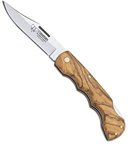 Cudeman Navaja 335-L hoja de acero ACX-380 de 6,5 cm y empuñadura de madera de olivo satinado de 8,5 cm para caza, pesca, supervivencia y bushcraft + Portabotellas regalo