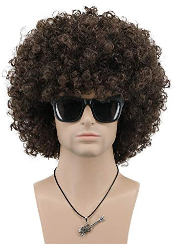 VGbeaty Perruque Afro des Années 60 70 et 80 pour Adulte Unisexe Perruque Courte Bouclée Frisée Brune Foncée Cheveux Synthétique Disco Rocker Hippies pour Carnaval Halloween Costume Déguisement Party