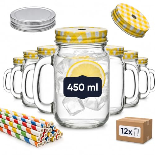 gouveo 12er Set Trinkglas 450 ml (0,45 l) mit Henkel und Schraubdeckel silberfarben + gelb – Henkelglas mit Mehrweg-Trinkhalm aus Hartkunststoff für Garten, Bowle, Cocktails (TGH450SG)