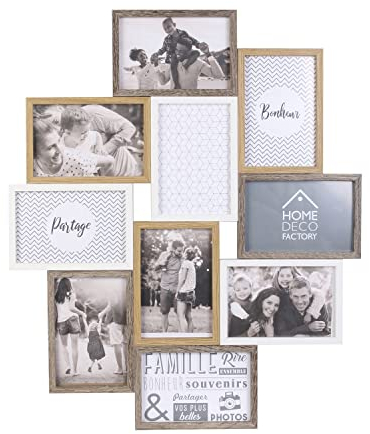HOME DECO FACTORY - HD4213 - Cadre Photo Multiple Pele-Mele 10 Vues Bois et Blanc, Souvenir, Décoration Maison, 47 x 2.8 x 56. cm, pêle-mêle aux couleurs blanches et boisées avec vitres en verre