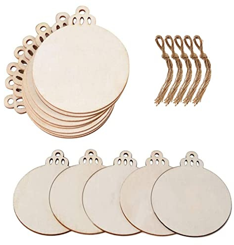 50 Pieces Wooden Round Bauble Blank Hanging Wood Pieces Christmas Tree Pendants Ornaments with Twines for Holiday Decoration and DIY Craft Making,Gift Tags & Hanging Decor Embellishments