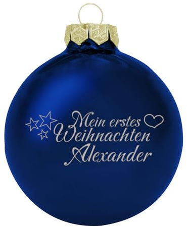 Deitert Weihnachtskugel mit Wunschtext Gravur, Ø 8cm, personalisierte Christbaumkugel aus Glas (glänzend), Individueller Weihnachtsbaumschmuck Namen oder Spruch, Mein erstes Weihnachten, blau