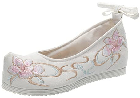 Holibanna Women Hanfu Shoes Embroidered Canvas Flats Chinese Traditional Style Comfortable Dance Performance Footwear for Stage and Daily Wear White
