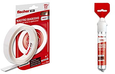 Fischer 552162 Nastro Biadesivo NTJH Trasparente, Fino a 300 kg per Rotolo, Resistente all'Acqua, per Uso Interno ed Esterno & Stucco Veloce NTJH con Spatola Integrata per Coprire Fori e Crepe