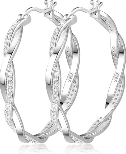 Milacolaato Silver 925 Twisted Creol-Örhängen - Kreoler i Silver och Guld, Små till Stora, med Gnistrande Kubisk Zirkonia - Allergivänliga Lättvikt Mode