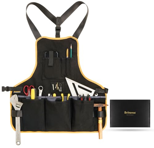 BRITEREE Work Tool Apron for Men and Women, Torso Length with 21 Tool Pockets, Durable Canvas Apron, DIY Enthusiasts, Gifts for Men Dad Father(Black)