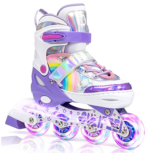 SULIFEEL Rainbow Unicorn Verstellbare Schwarz Rollschuhe für Kinder mit Leuchtenden Rädern für Jungen