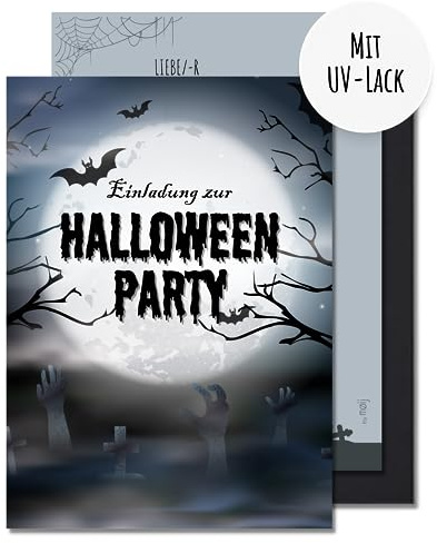 møij 12x Einladungskarten Halloween Party Friedhof | inkl. schwarze Umschläge, mit Hochglanz-Lack, DIN A6, gruseliges Design für Horror-Fans