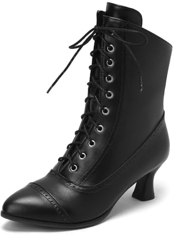 Carkuolary Womens Vintage Cordoncino Calf Length Victorian Stivali Pelle sintetica tacco a coda Steampunk Gotico Stivali per donne Ragazze Le signore nero Numero 35