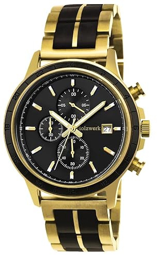 Holzwerk Germany Handgefertigte Designer Herren Uhr Öko Natur Holz Chronograph Armband Analog Quarz Schwarz Braun Gold Datum Holz Ziffernblatt