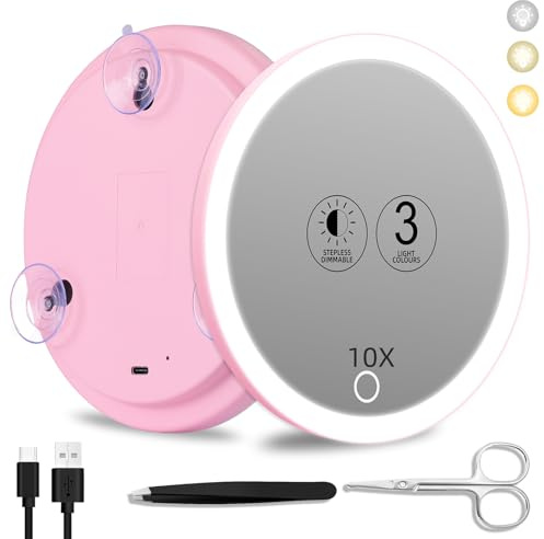 Suupvaor 10x Lighted Magnifying Mirror with Suction Cups, Large 6'' Magnified Mirror with Light, Rechargeable Battery, 3 Colors Dimming Light, with Tweezers & Scissors