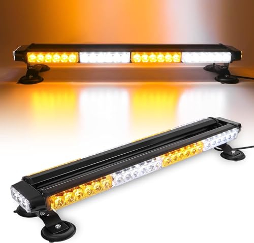 ROUTEKING 67cm 54 LED Barre Lumineuse stroboscopique Double Face Clignotant Haute intensité Avertissement Automobile Clignotant d'urgence Barre LED avec Base magnétique (Ambre/Blanc/Ambre/Blanc)