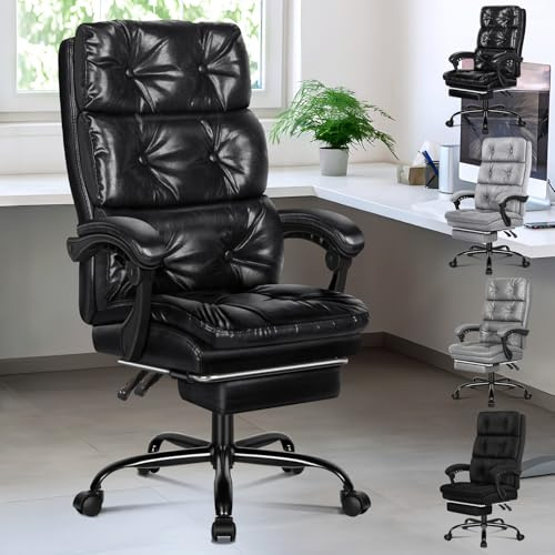 ALFORDSON Chefsessel Bürostuhl Ergonomisch Neigungswinkel 90°-150°, höhenverstellbarer Schreibtischstuhl einziehbare Fußstütze,Drehstuhl 3-teiliger Rückenpolsterung, PU-Leder, Glänzend schwarz | höhenverstellbarer Schreibtischstuhl einziehbare Fußstütze,Drehstuhl 3-teiliger Rückenpolsterung, PU-Leder,Glänzend schwarz