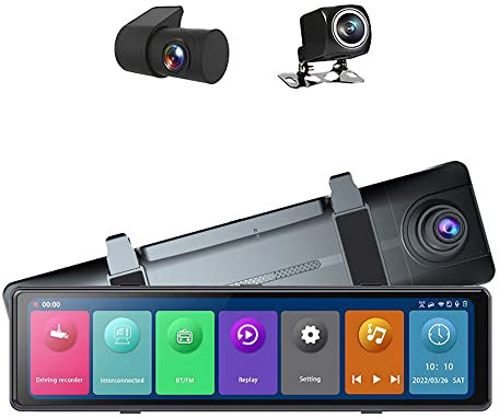 Shkalacar 3 Kameras Dashcam 12 Zoll 2,5 K, Klarer Auto Rückspiegel BT mit Echtzeit-Anzeige, Handy-Überprüfung, Touchscreen, 24h Echtzeit schützt, UKW-Radiofunktion, Fahrtenrecorder für Auto