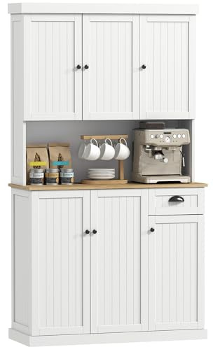 HOMCOM Credenza Cucina Alta con Armadietti, Cassetto e Piano Portamicroonde, Mobile Dispensa Stretto con Ante e Ripiani Regolabili, per Soggiorno, Sala da Pranzo, 101x39x180cm, Bianco