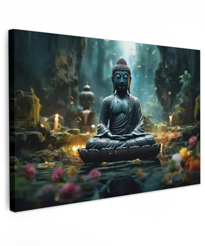 MuchoWow© Bild auf Leinwand Groß XXL Schlafzimmer Bilder Badezimmer Wand | 120x80 cm - Deko Wohnzimmer Modern Wanddeko Bilderwand Geschenk Buddha - Statue - Zen - Kunst