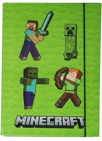 Theonoi Stabile Kinder Box Sammelbox Heftbox Heftmappe Sammelmappe für Schulranzen Dossier Ordner mit Gummizug Gummiband und Innenklappen DIN A4 (Minecraft grün)