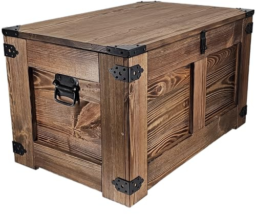 CREATIVE COOPER Caja de madera, cofre del tesoro, caja de almacenamiento, mesa, rústico, mesa de café, caja de juguetes, 77 x 49 x 45 cm, baúl de madera hecho a mano, aceite de madera ecológico wengué