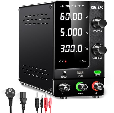 RUZIZAO Fuente de Alimentación Regulable 60V 5A, Fuente de Alimentación de Laboratorio con Codificador y Interruptor de Salida, Fuente de Alimentación de Banco Pantalla LED de 4 Dígitos y Puerto USB