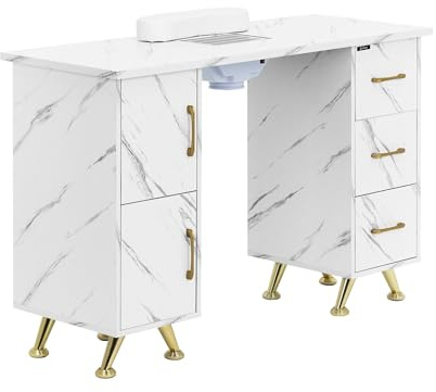Manikyrbord physa – med sug – marmorerat / guld – 3 lådor – handledsstöd