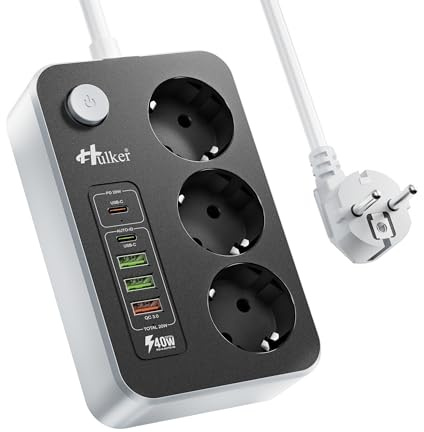 Hulker Mehrfachsteckdose mit Schalter, 3 Fach Steckdosen, 5 USB Ports (2 USB-C) mit PD 20W Schnellladung, Steckdosenleiste mit 2M Kabel für Heim und Büro