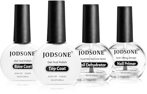 JODSONE 4 Flasche 10ML Nagel Dehydrator Nagel Primer, Base Coat Top Coat Gel UV LED Nagellack Set, No Wipe Unterlack & Überlack, DIY Nail Art Design Langanhaltendes Geschenk für Mädchen