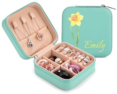 OTXIXTO Organizador Joyas Cuero Personalizado con Nombre Flor de Nacimiento Grabado Estuche Viaje Organizador Joyas para Collar/Anillo/Pendiente Joyero Caja Viaje Personalizado para Mujer - B: Verde