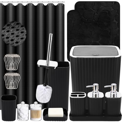 XLHOMO Bathroom Set with Shower Curtain and Rugs- 25PC Bathroom Accessory Set, Black Bathroom Set, Toilet Brush, Trash Can, Qtip Holder & Soap Dispenser