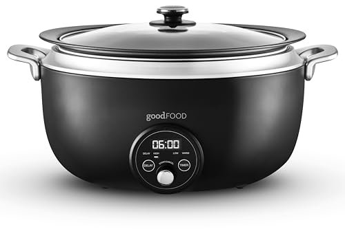 Good Food in partnership with Tower GF16011 6.5L Digital Slow Cooker 3 Heat Settings, Delay Function & Timer, Removable Aluminium Pot & Cool Touch Handles, Black with Stainless Steel Accents