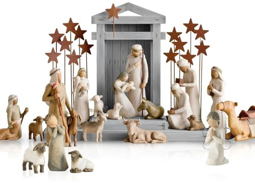 Set di presepi natalizi in resina con 20 figure e stalla, statua di Gesù presepe in resina per piccoli presepi da tavolo, decorazioni natalizie cristiane, per interni, casa, chiesa o scuola (A)