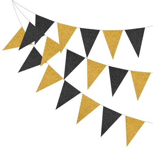 PATIKIL 16,5 ft Wimpelbanner, 2 Stück Papier Dreieck Flaggen Wimpelgirlande Vintage Wimpel Flaggen Schnur für Hochzeit Geburtstag Karneval Event Party Dekoration, Schwarz/Gold