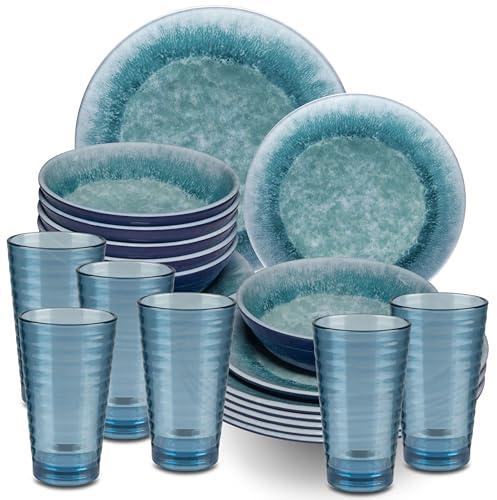 Melamin Geschirr Set Adria Blue 6 Personen Blau Wohnwagen Camping Picknick