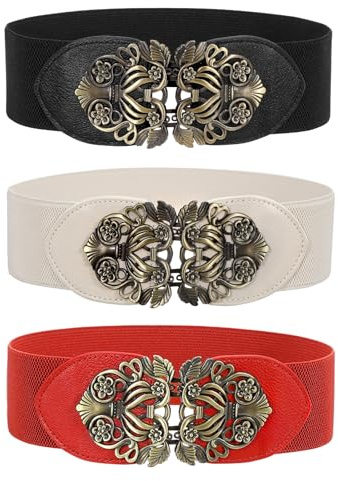 WERFORU 3 stycken brett elastiskt midjebälte för kvinnor, damer vintage stretchigt midjebälte brett retro mode cinch, Svart + beige + röd, Anzug Taillengröße 82-95cm