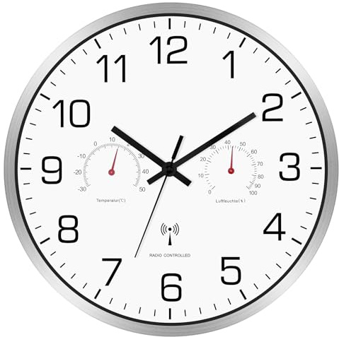 Couperos Wanduhr Funk Geräuschlos mit Thermometer & Hygrometer FunkWanduhr Lautlos 30 cm Wanduhr Ohne Tickgeräusche Funk für Wohnzimmer, Küche, Büro (Metall)