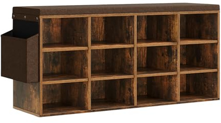 WOLTU Panca Scarpiera da Ingresso, Scaffale Porta Scarpe a 12 Scomparti con Seduta Imbottita, Mobile da Ingresso Salvaspazio in Legno, Marrone Rustico+Marrone, 102x30x48,5 cm