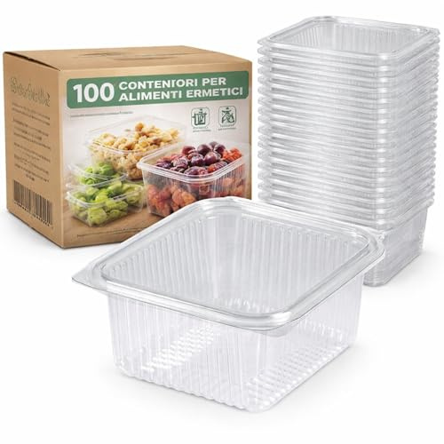 ecodrinks - 100 Contenitori per Alimenti Ermetici - Vaschette Quadrate Impilabili per Pasta, Frutta e Verdura - Adatti a Frigo e Freezer con Coperchio Salvafreschezza (750 ml)