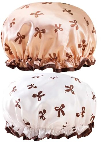 Bath Caps Elastic Band Waterproof Shower Caps With Ruffled Edge Covering Ears Keeping Hair Dry Kitchen Oil-proof Cap for Girls and Women (Bow)