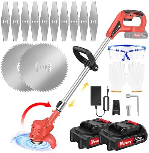 21V Cordless Strimmer, Grass Trimmer 90° Head Adjustment, Garden Strimmer Cordless with 2 Batteries, Electric Garden Strimmer Grass Cutter for Lawn Edger Pruning Weed