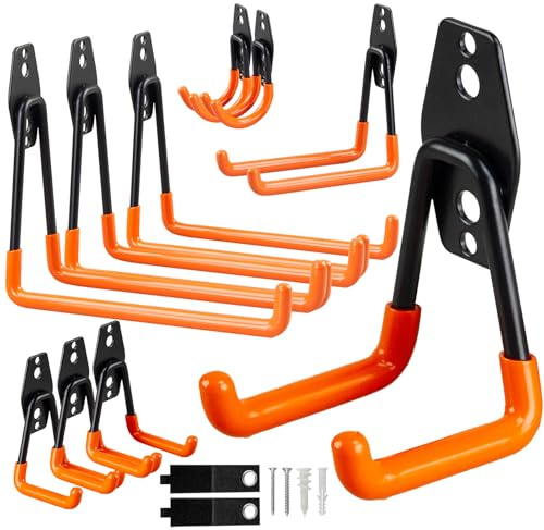 OrgMax Lot de 12 Crochets de Garage Ultra Résistants pour Mur – Rangement de Vélo, Organisateur d'Outils, Rangement pour Abri et Fourgon, Crochets Muraux en Acier pour Outils de Jardin et Échelles