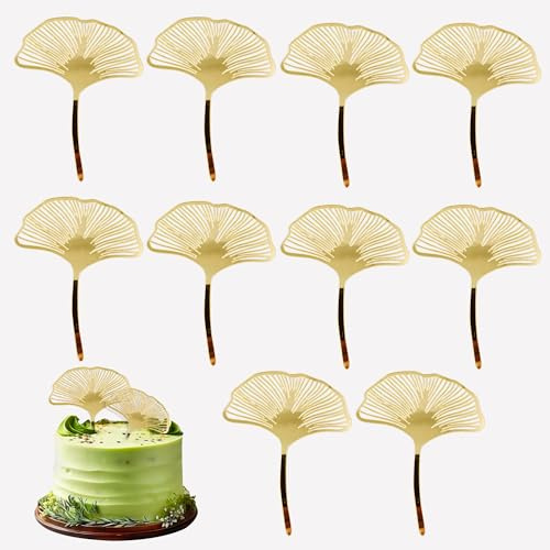 10PCS Acrylic Gold Ginkgo Leaves Cake Toppers | Ginkgo Leaf Cake Topper, Ginko Leaves Cake Decorations for Birthday Wedding Party Supplies and Baking Accessories