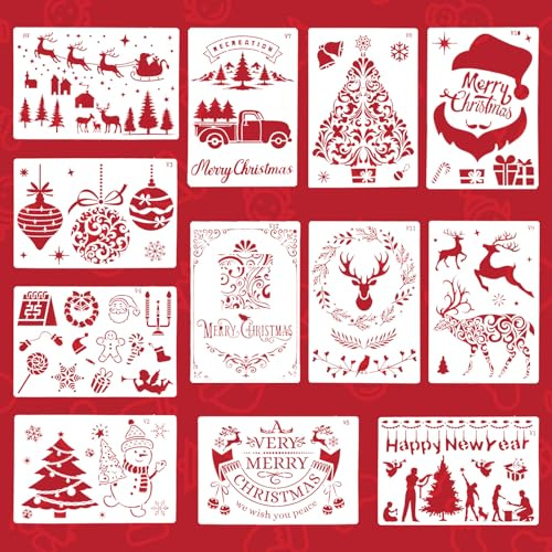 12 Stück Schablonen Weihnachten Set, Weihnachtsschablonen Schneespray Fenster Schablone Malschablonen Zeichenschablonen Wiederverwendbar für Sprühschnee Malen Basteln Weihnachtsdekoration Karten DIY