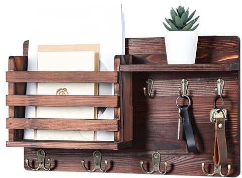 Shakub Schlüsselbrett mit Ablage, Schlüsselkasten Holz mit Regal, Schlüsselablage Wand mit 11 Haken, Schlüssel Organizer für Flur Wohnzimmer Schlafzimmer Küche(Rechteck)