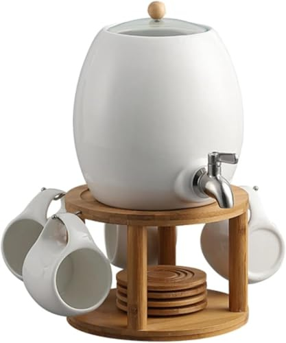 Dispensador de bebidas de agua de cerámica con soporte y tapa de madera, grifo de barril frío, tipo taza colgante, cubo de hielo comercial para el hogar, picnic al aire libre, fiestas de barbacoa