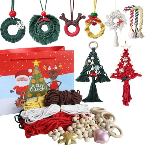 HENGLUO Weihnachtliches Makramee DIY Kit, 150M × 3mm Makramee Garn, Makrame Set Anfänger mit Anleitung, DIY Deko für Weihnachtsschmuck mit Holzperlen, Holzringe und Glocken
