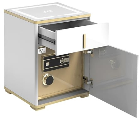 EXTRALINK Elektronischer Tresor für Zuhause mit Fingerabdruck, Induktivem Laden - Möbeltresor mit Alarm, Dreifarbiger Beleuchtung, Alarm & Notschlüssel, Elegantes Weißes Gehäuse